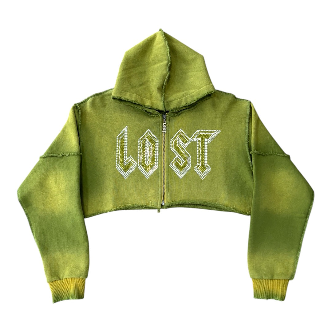 LOST INTRICACY CROPPED RHINESTONE ZIP UP- GREEN