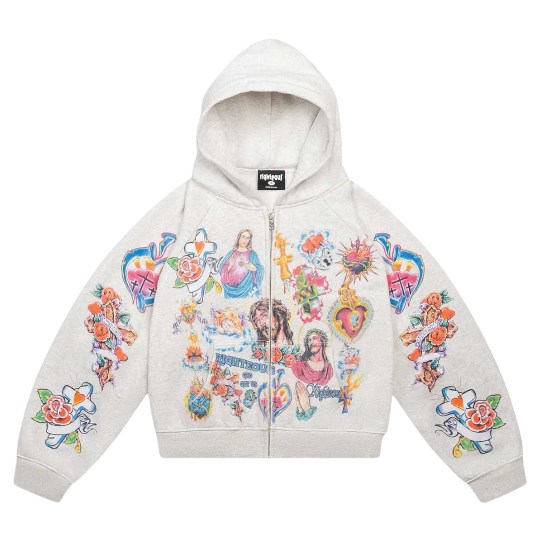 RIGHTEOUS RISEN KING ZIP UP HOODIE GREY