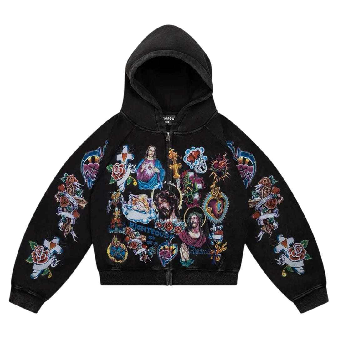 RIGHTEOUS RISEN KING ZIP UP HOODIE BLACK