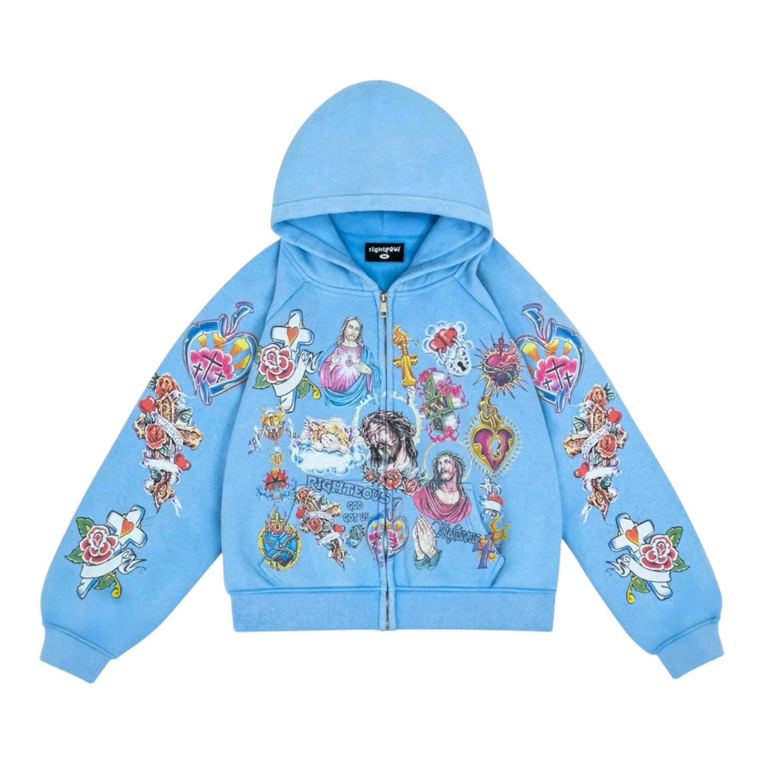 RIGHTEOUS RISEN KING ZIP UP HOODIE BLUE