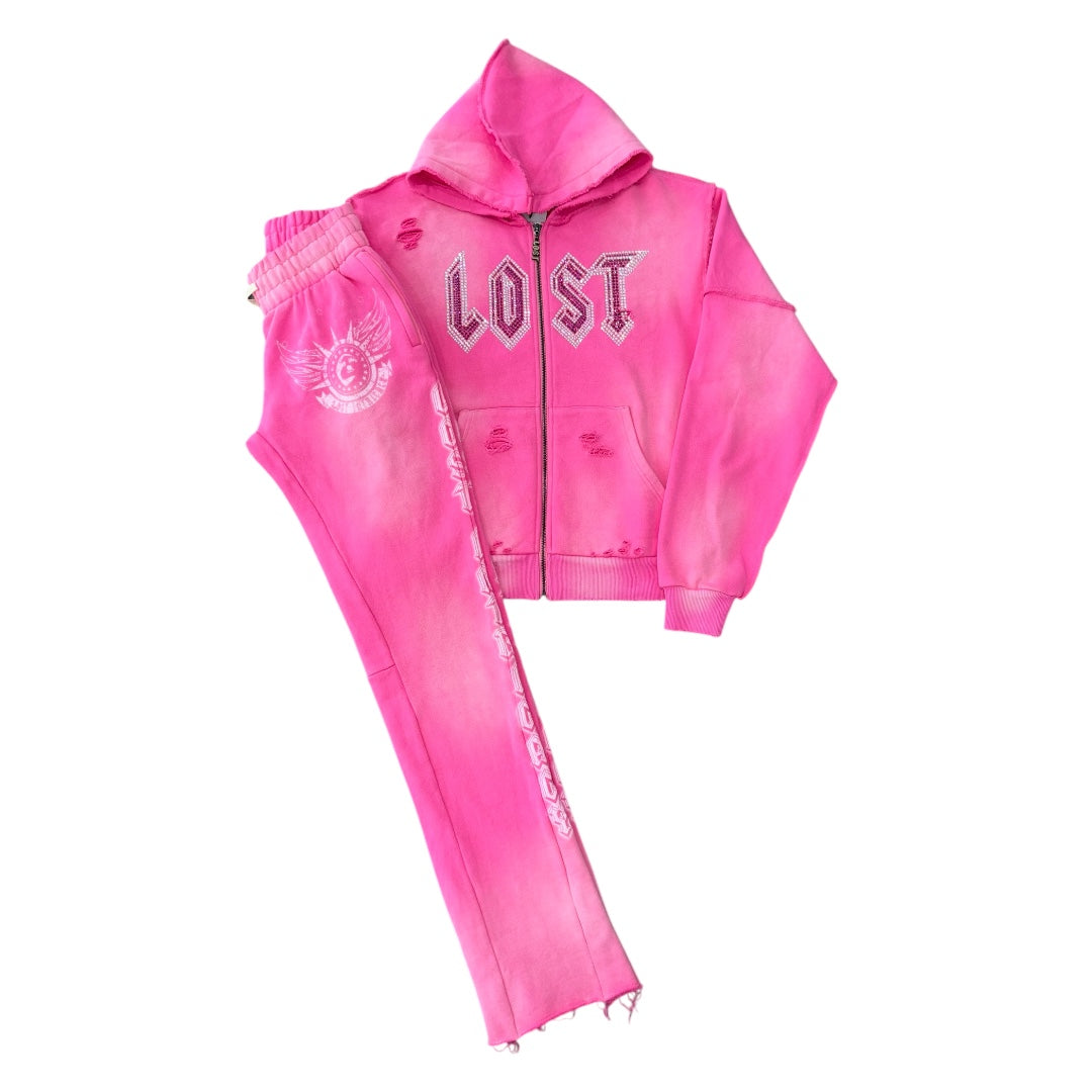 LOST INTRICACY DISTRESSED PINK RHINESTONE ZIP UP