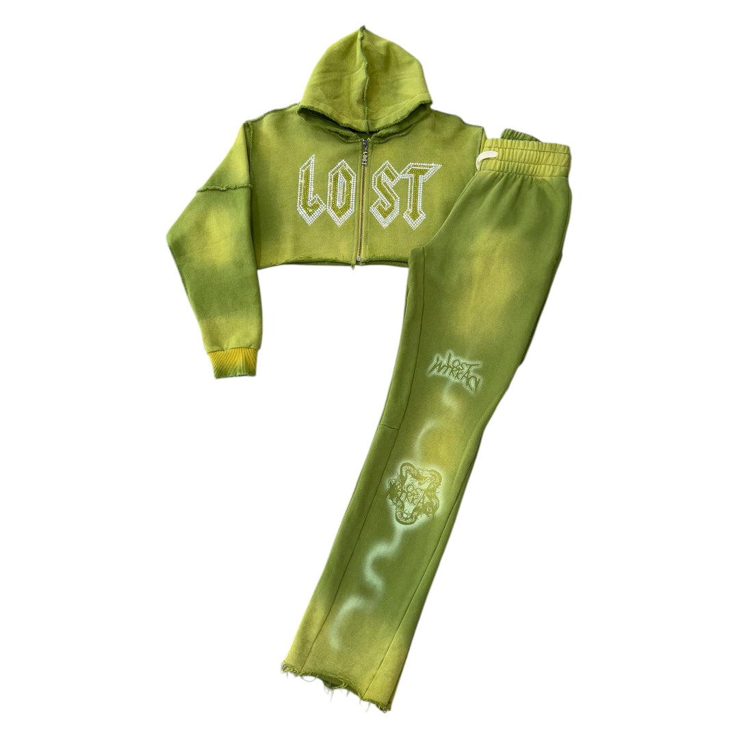 LOST INTRICACY CROPPED RHINESTONE ZIP UP- GREEN