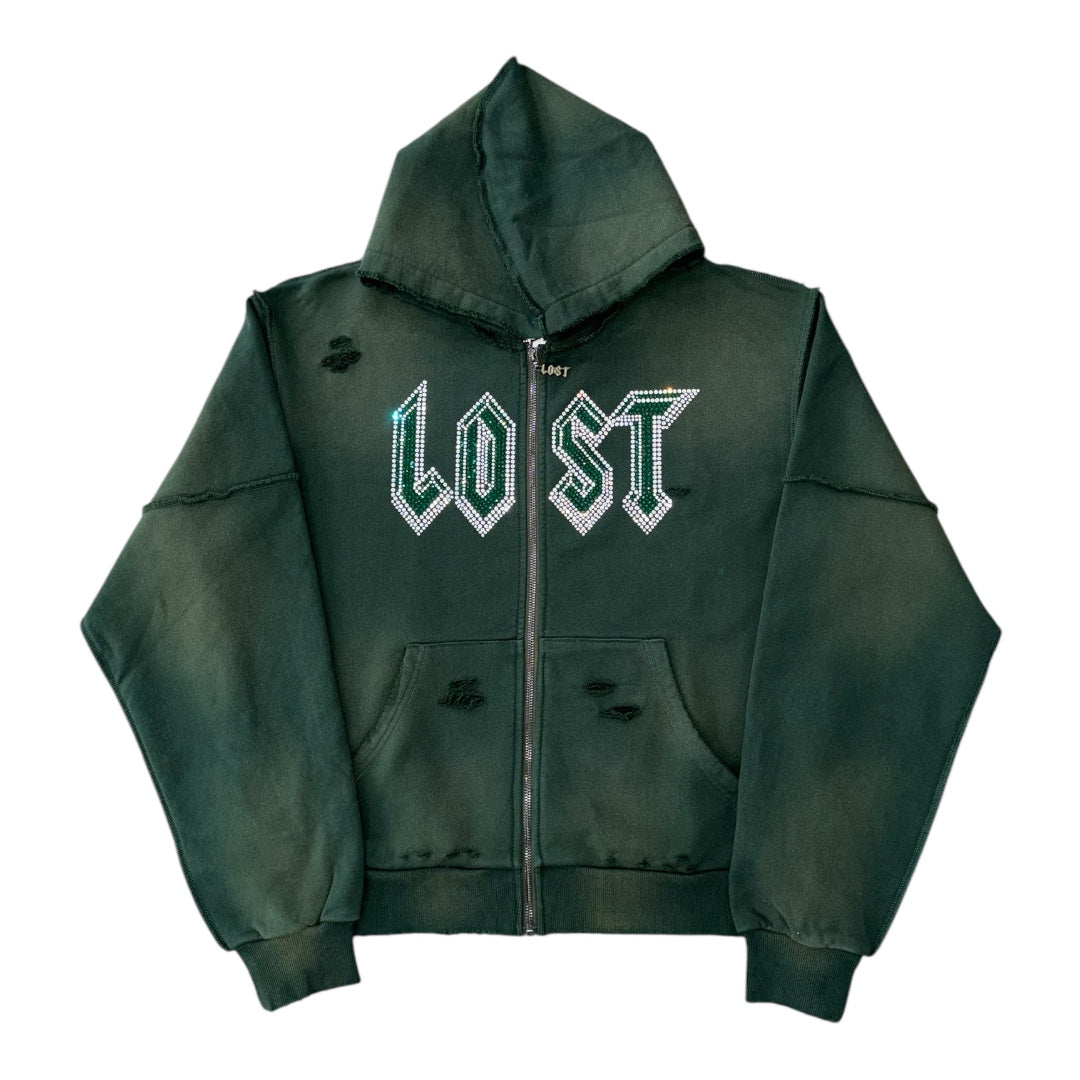 LOST INTRICACY DISTRESSED EMERALD RHINESTONE ZIP UP