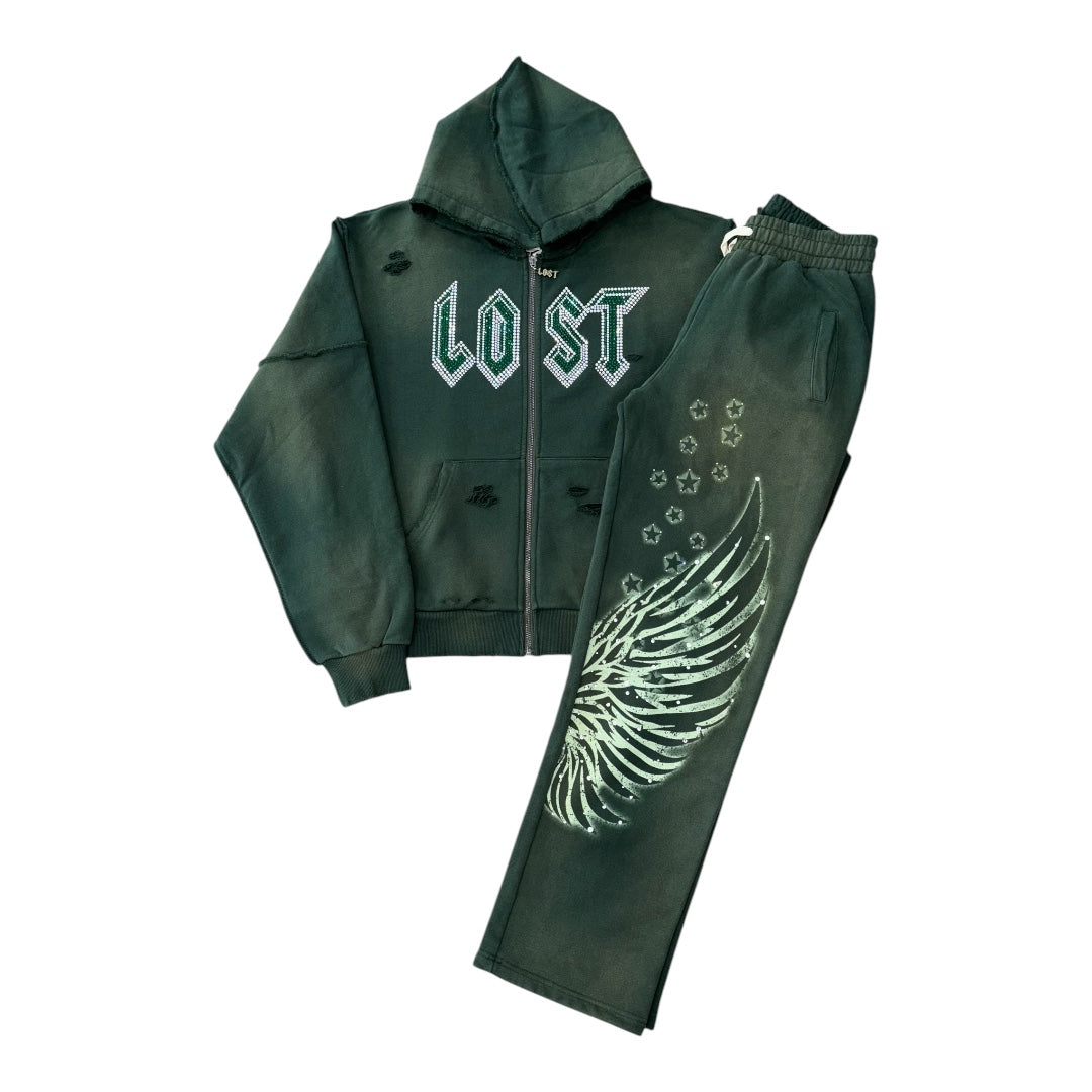 LOST INTRICACY DISTRESSED EMERALD RHINESTONE ZIP UP