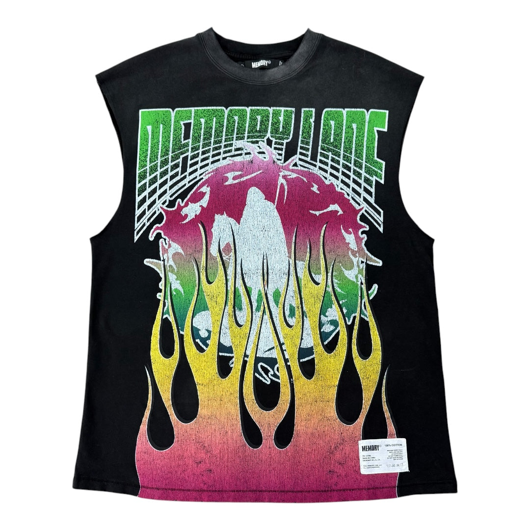 GLOBAL FIRE SLEEVELESS TEE- VINTAGE BLACK