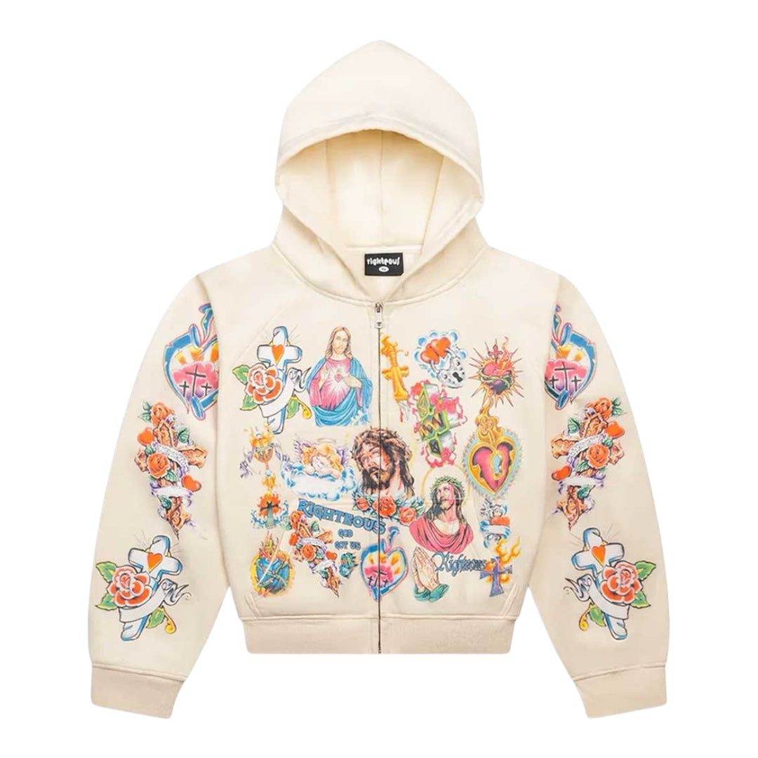 RIGHTEOUS RISEN KING ZIP UP HOODIE CREAM