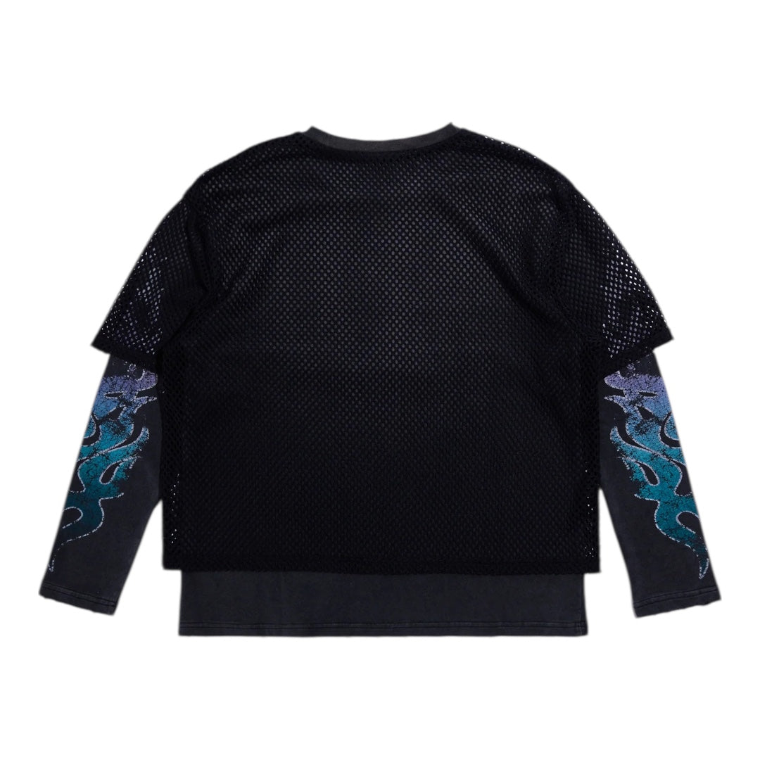 MESH OVERLAY LONGSLEEVE TEE-VINTAGE BLACK