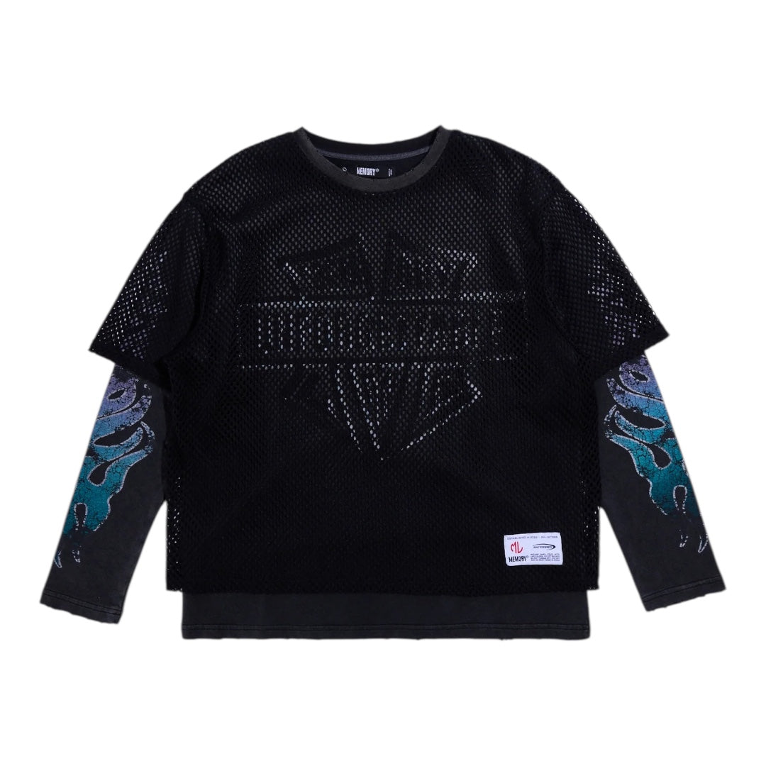 MESH OVERLAY LONGSLEEVE TEE-VINTAGE BLACK