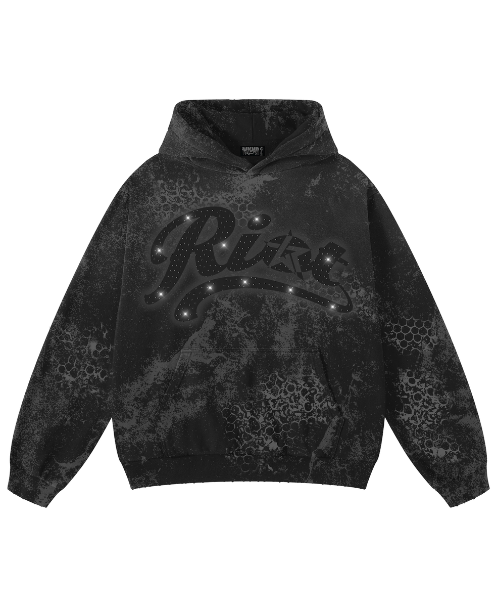 BLK ON BLK W/ BLK HOODIE- RHINESTONES