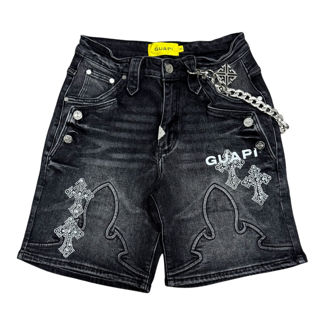 Obsidian Black Faded Cross Denim Shorts