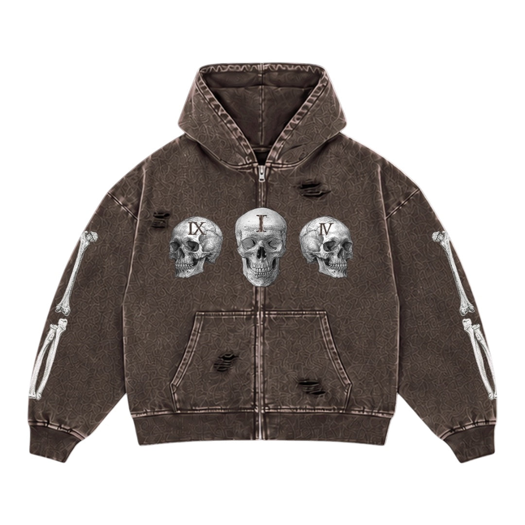 TRIPLE HEAD SKULL ZIP UP- MOCHA WASH