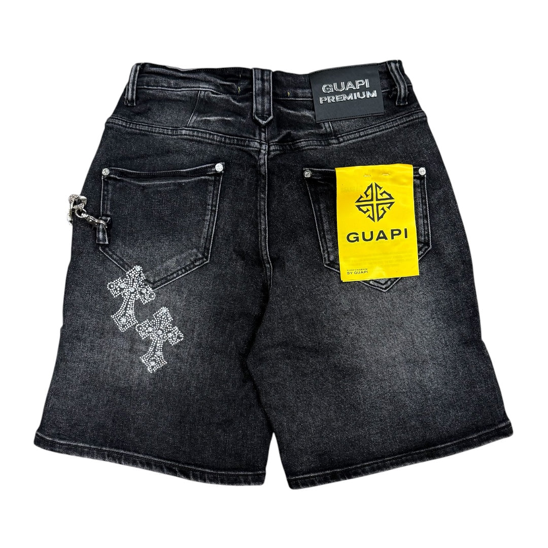Obsidian Black Faded Cross Denim Shorts