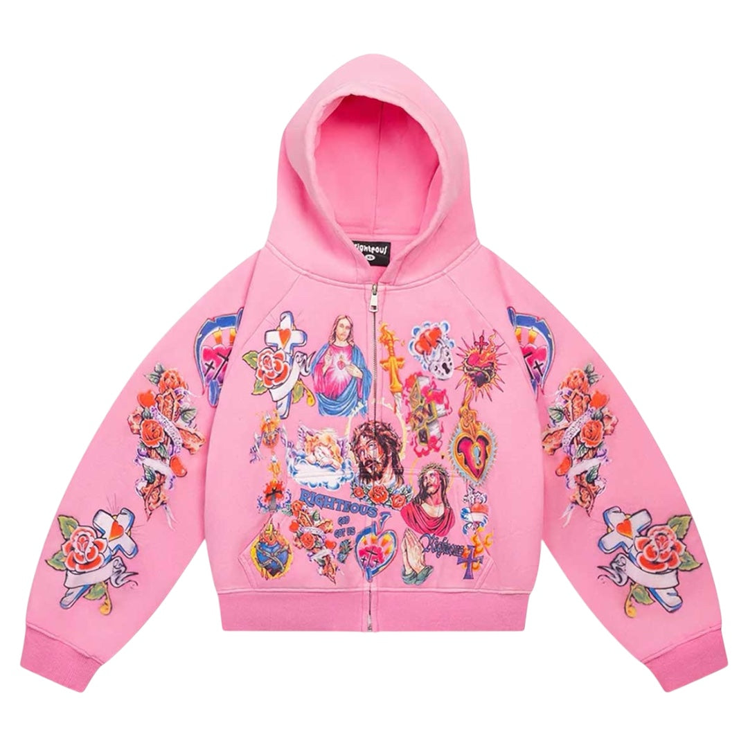RIGHTEOUS RISEN KING ZIP UP HOODIE PINK